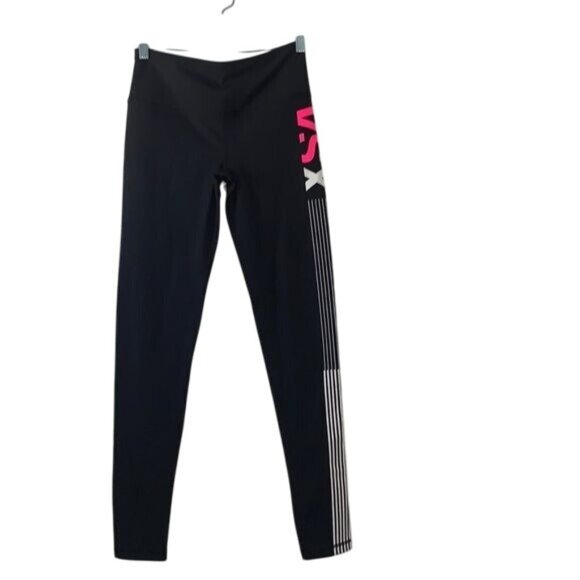 Victorias Secret VSX Sport Black Leggings With Pink Logo & Striped Design Size S - Picture 1 of 10